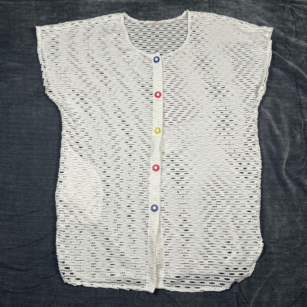 Unbranded Lace Cardigan Womens XL White Mesh Flower Button Short Sleeve Boho Top